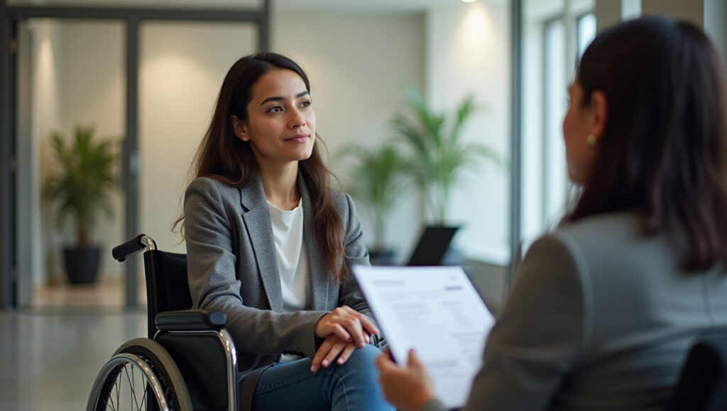 Mujer en silla de ruedas entrevistada y es potencial víctima de la discriminación salarial por discapacidad